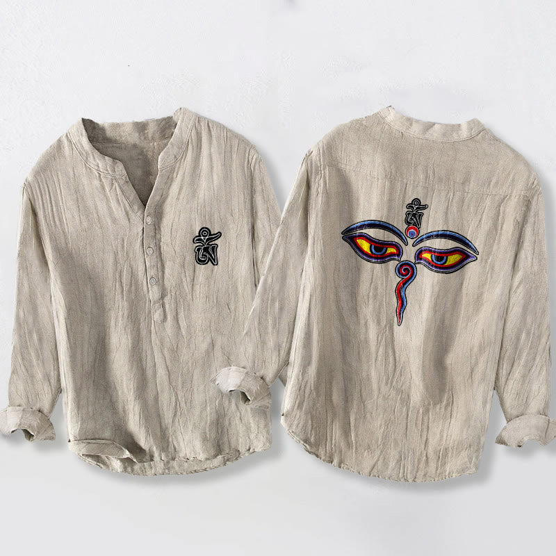 Cotton Linen Stand Collar Om Iconography Mindful Shirt