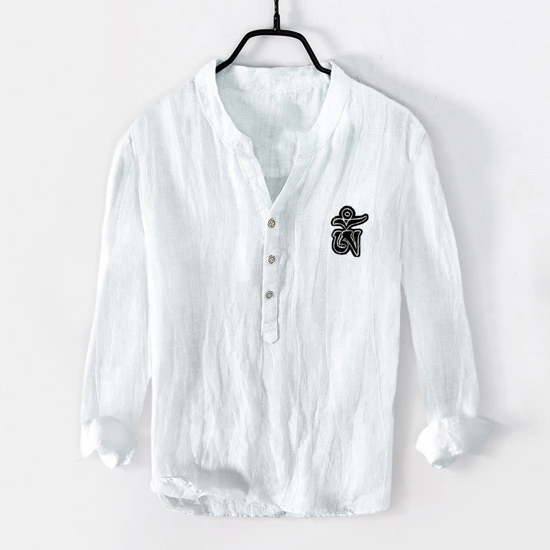 Cotton Linen Stand Collar Om Iconography Mindful Shirt