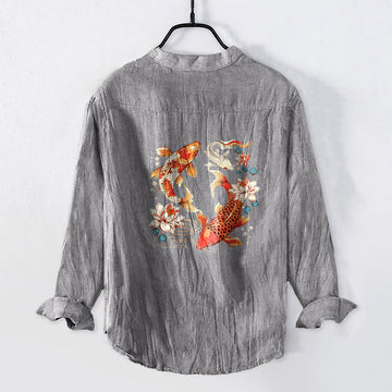 Cotton Linen Stand Collar Koi Print Mindful Long Sleeve Shirt
