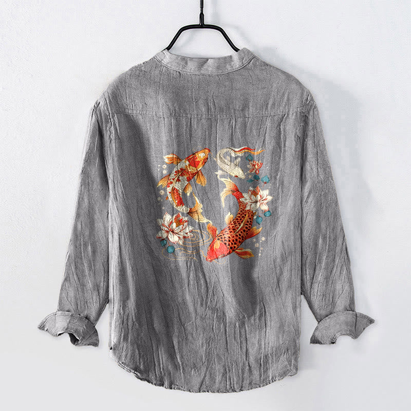 Cotton Linen Stand Collar Koi Print Mindful Long Sleeve Shirt