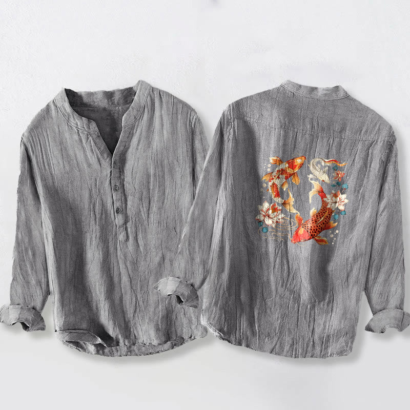 Cotton Linen Stand Collar Koi Print Mindful Long Sleeve Shirt