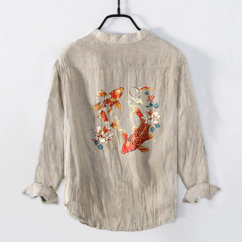 Cotton Linen Stand Collar Koi Print Mindful Long Sleeve Shirt