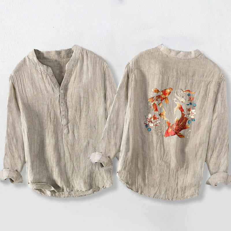Cotton Linen Stand Collar Koi Print Mindful Long Sleeve Shirt