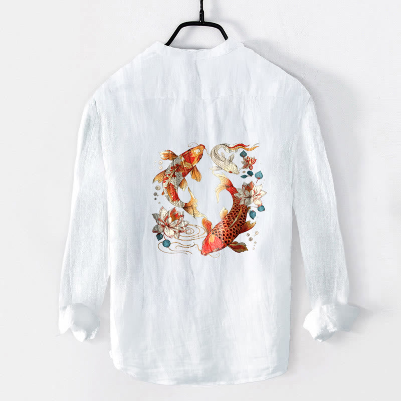 Cotton Linen Stand Collar Koi Print Mindful Long Sleeve Shirt
