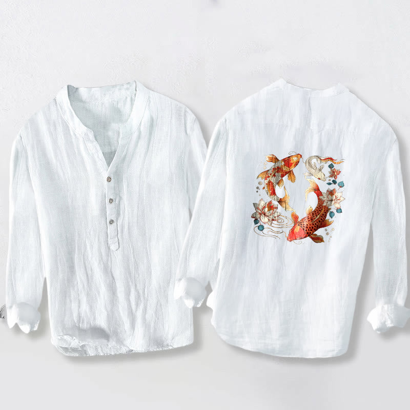 Cotton Linen Stand Collar Koi Print Mindful Long Sleeve Shirt