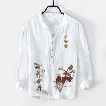 Tactile Cotton Linen Stand Collar Symbolic Print Mindful Men's Shirt