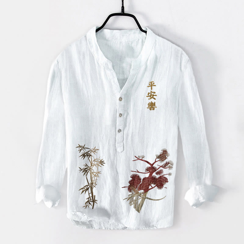 Tactile Cotton Linen Stand Collar Symbolic Print Mindful Men's Shirt