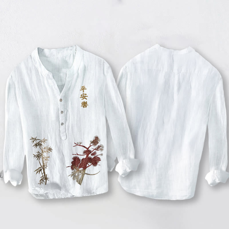 Tactile Cotton Linen Stand Collar Symbolic Print Mindful Men's Shirt