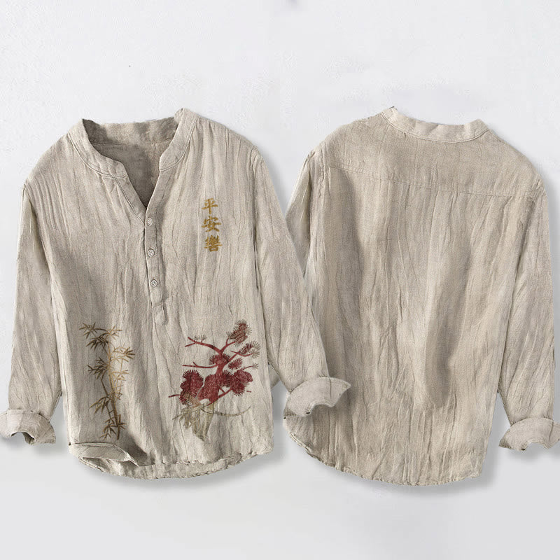 Tactile Cotton Linen Stand Collar Symbolic Print Mindful Men's Shirt