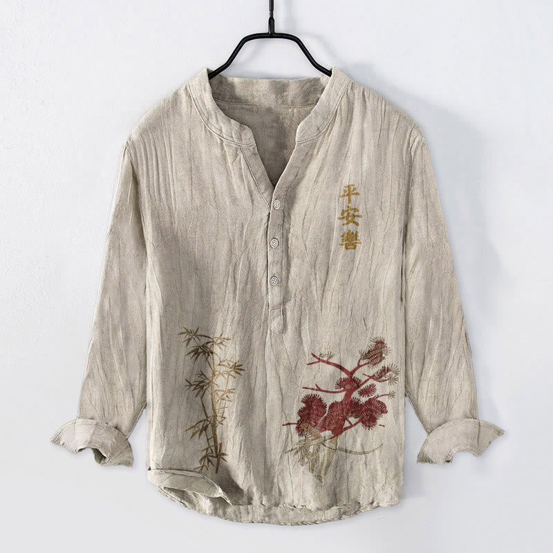 Tactile Cotton Linen Stand Collar Symbolic Print Mindful Men's Shirt