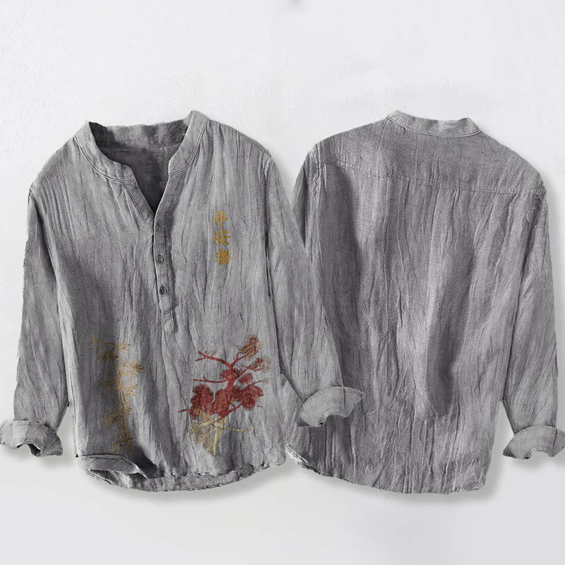 Tactile Cotton Linen Stand Collar Symbolic Print Mindful Men's Shirt