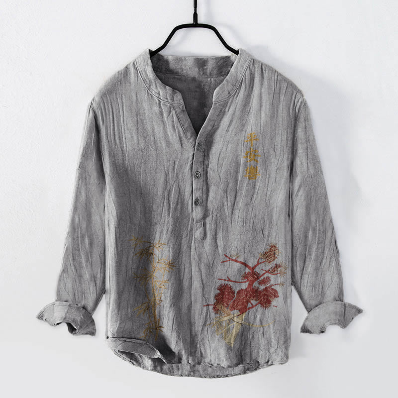 Tactile Cotton Linen Stand Collar Symbolic Print Mindful Men's Shirt