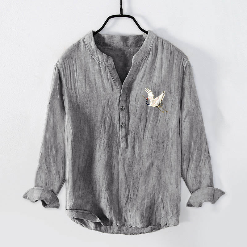 Tactile Cotton Linen Stand Collar Landscape Meditation Shirt