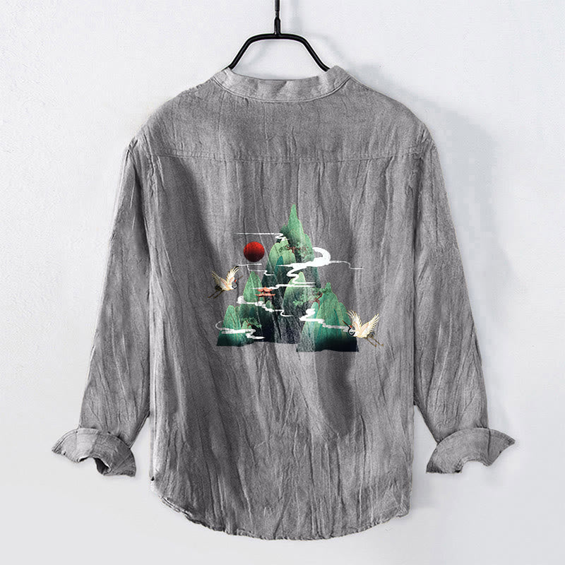 Tactile Cotton Linen Stand Collar Landscape Meditation Shirt