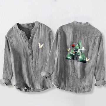 Tactile Cotton Linen Stand Collar Landscape Meditation Shirt