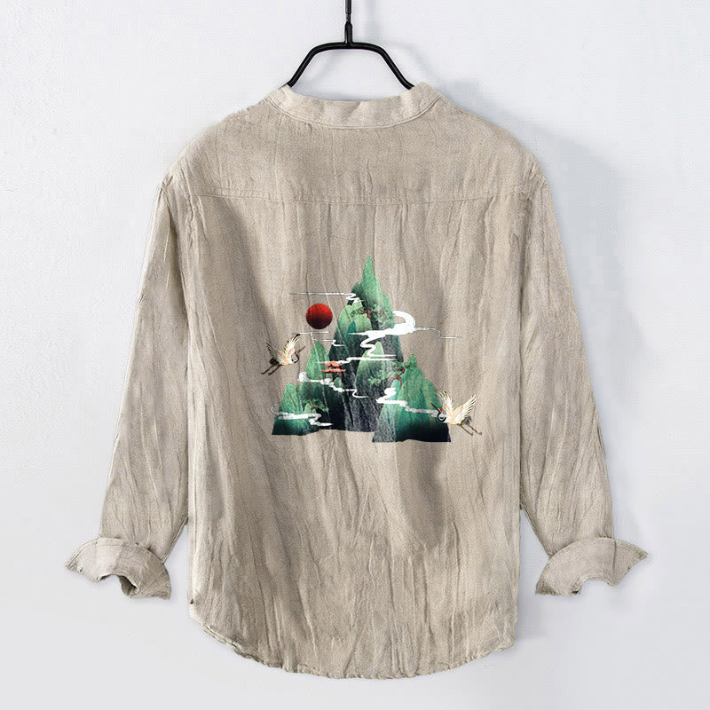 Tactile Cotton Linen Stand Collar Landscape Meditation Shirt