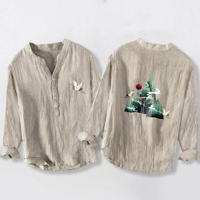 Tactile Cotton Linen Stand Collar Landscape Meditation Shirt