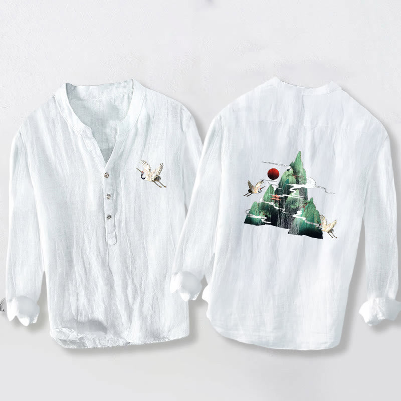 Tactile Cotton Linen Stand Collar Landscape Meditation Shirt