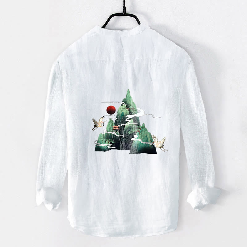 Tactile Cotton Linen Stand Collar Landscape Meditation Shirt