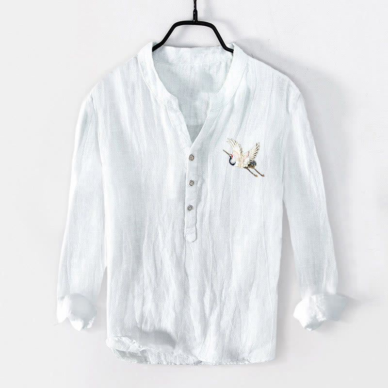 Tactile Cotton Linen Stand Collar Landscape Meditation Shirt