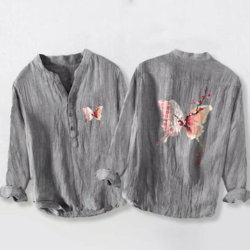 Cotton Linen Stand Collar Plum Blossom Print Men's Meditation Shirt