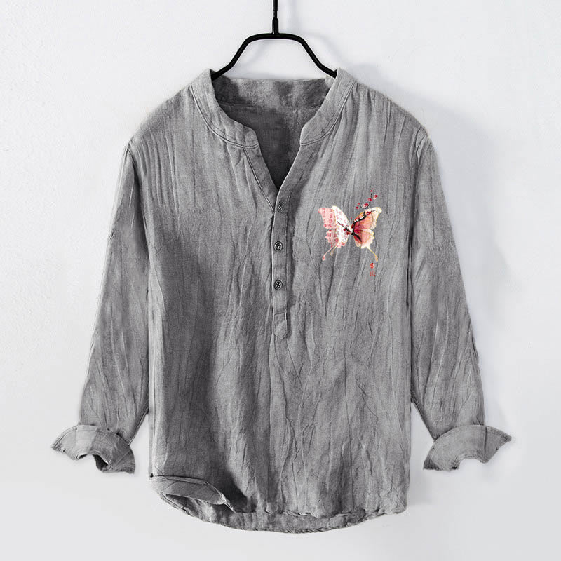 Cotton Linen Stand Collar Plum Blossom Print Men's Meditation Shirt