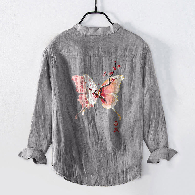 Cotton Linen Stand Collar Plum Blossom Print Men's Meditation Shirt