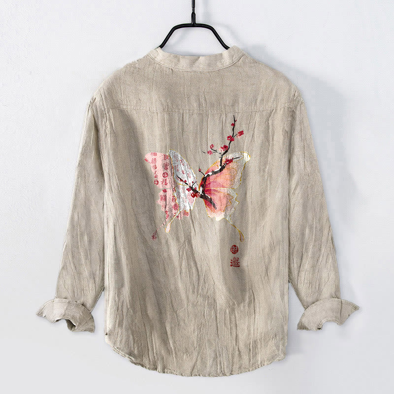 Cotton Linen Stand Collar Plum Blossom Print Men's Meditation Shirt
