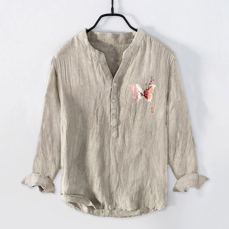 Cotton Linen Stand Collar Plum Blossom Print Men's Meditation Shirt