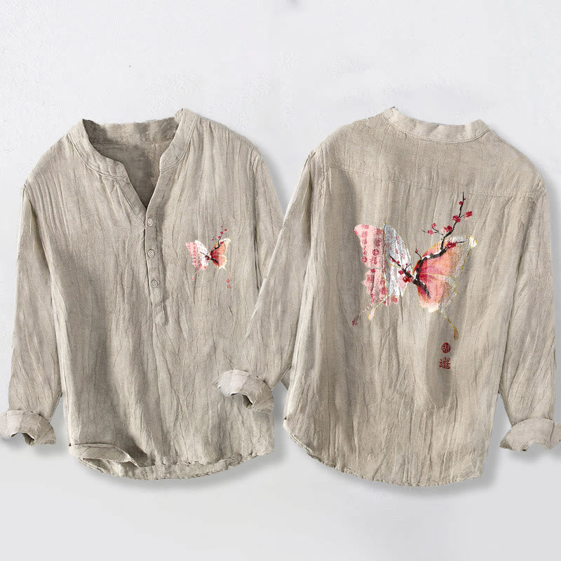 Cotton Linen Stand Collar Plum Blossom Print Men's Meditation Shirt