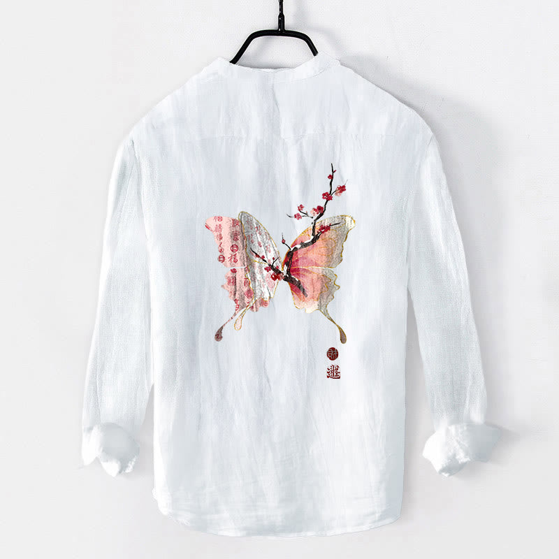 Cotton Linen Stand Collar Plum Blossom Print Men's Meditation Shirt