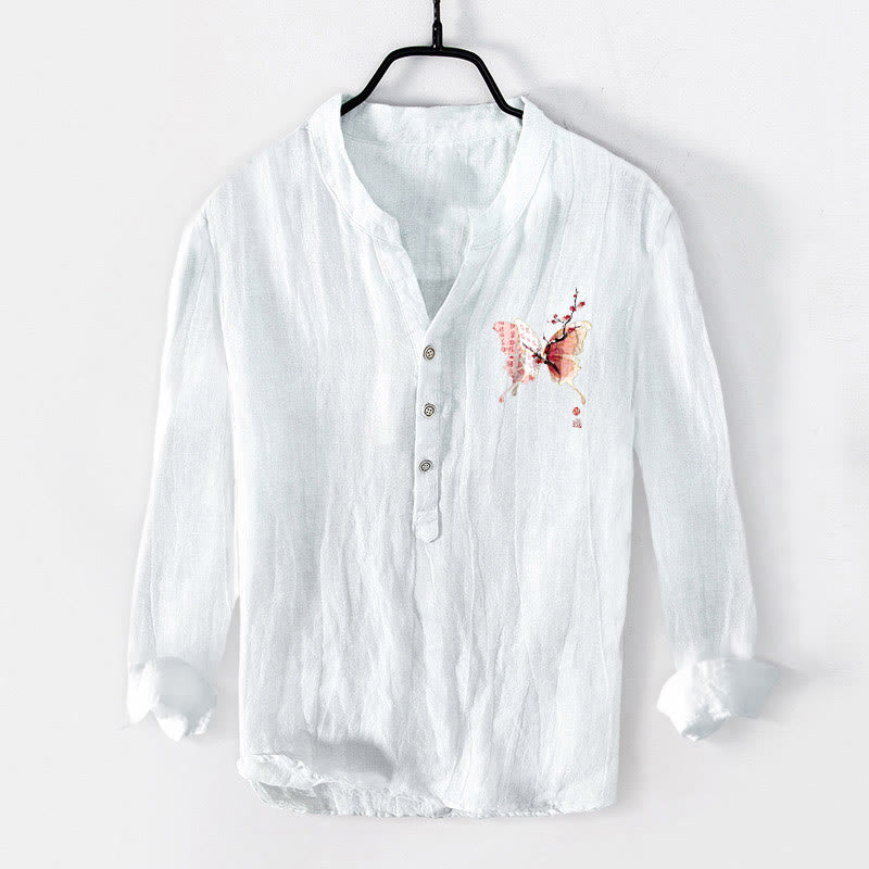 Cotton Linen Stand Collar Plum Blossom Print Men's Meditation Shirt