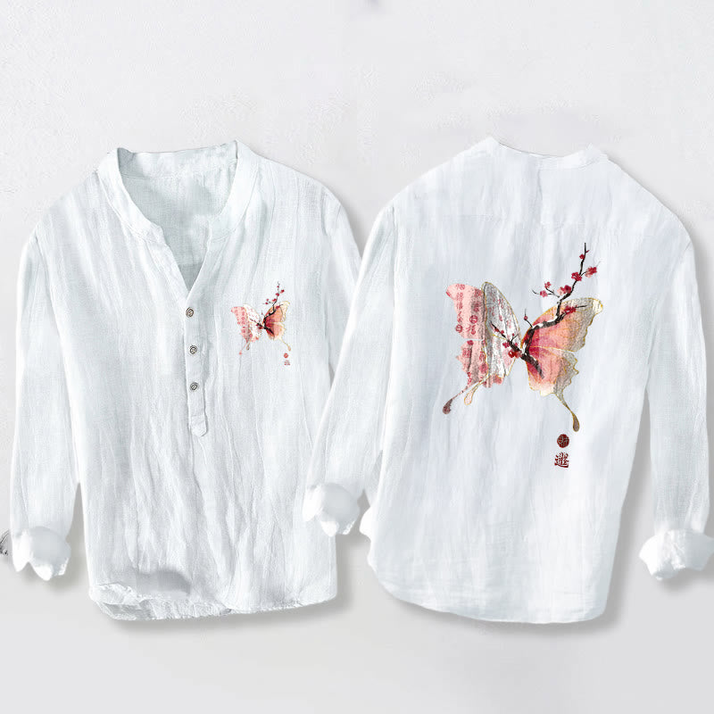 Cotton Linen Stand Collar Plum Blossom Print Men's Meditation Shirt