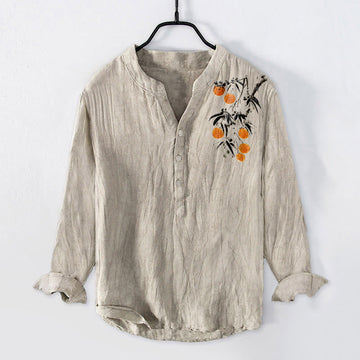 Cotton Linen Stand Collar Orange Tree Print Shirt