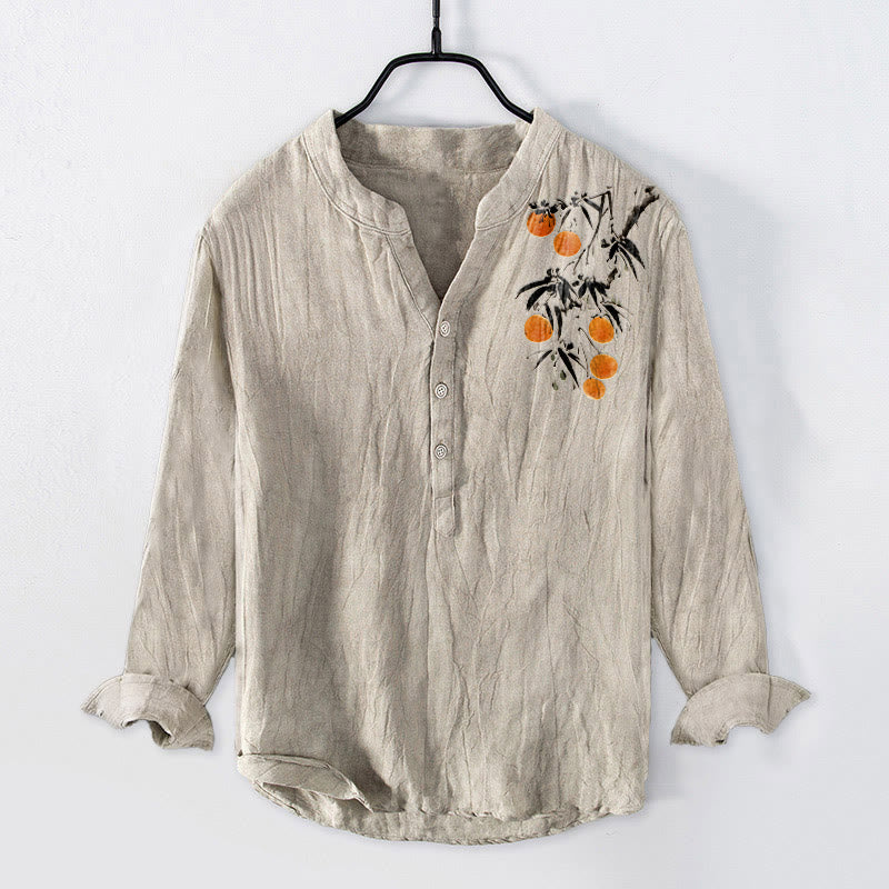 Cotton Linen Stand Collar Orange Tree Print Shirt