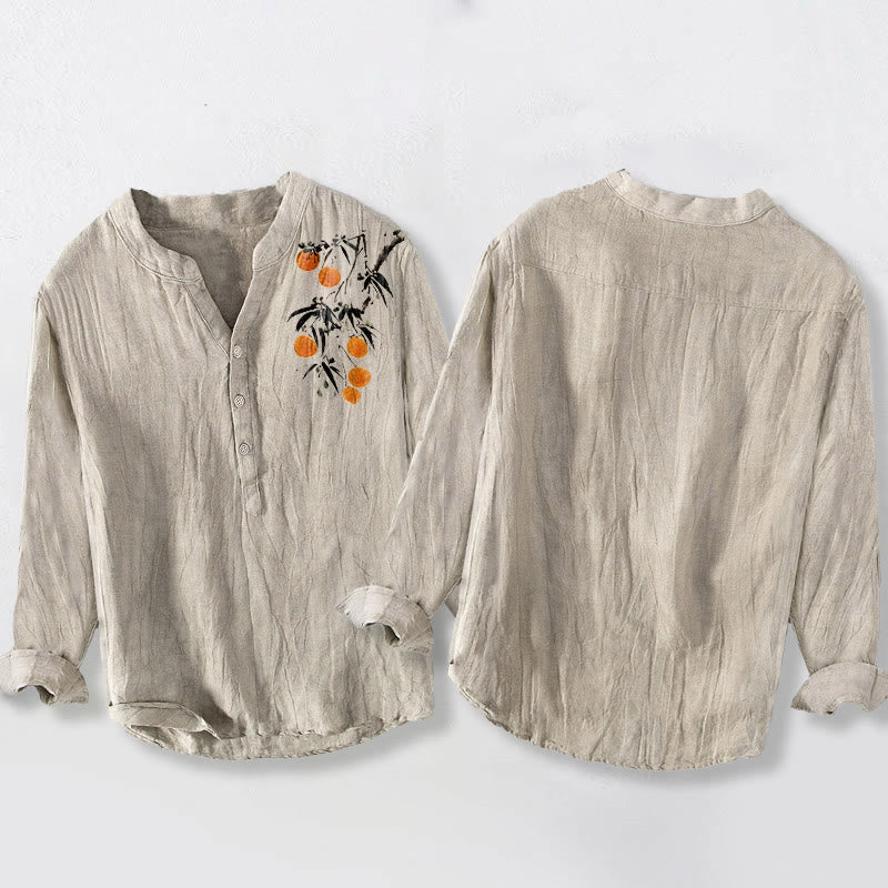 Cotton Linen Stand Collar Orange Tree Print Shirt