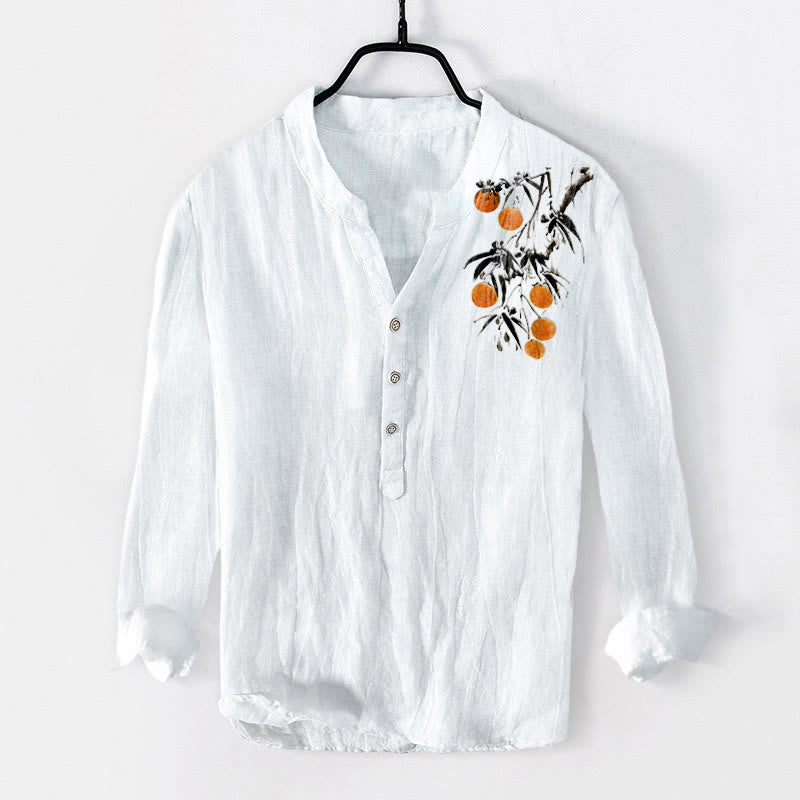 Cotton Linen Stand Collar Orange Tree Print Shirt