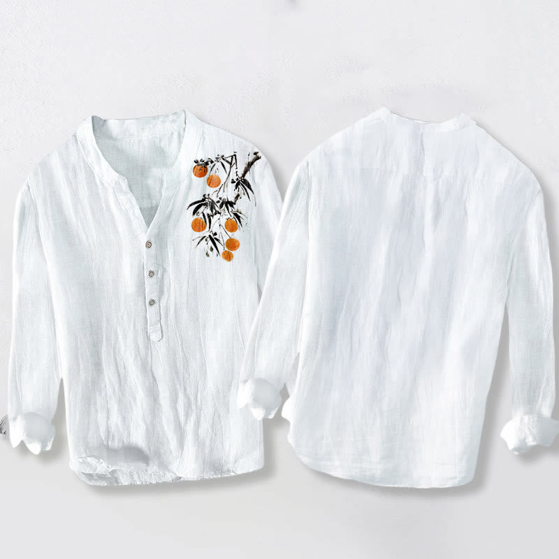 Cotton Linen Stand Collar Orange Tree Print Shirt