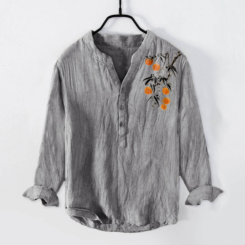 Cotton Linen Stand Collar Orange Tree Print Shirt