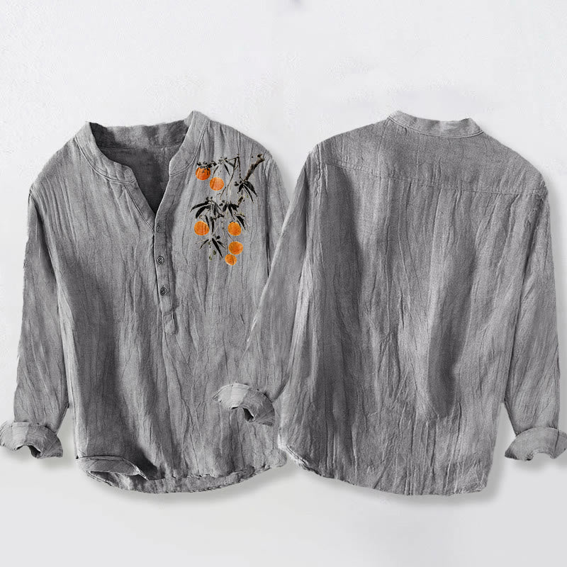 Cotton Linen Stand Collar Orange Tree Print Shirt