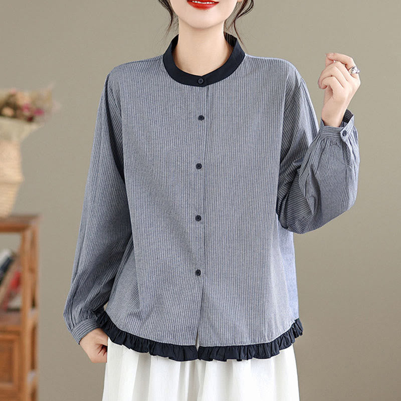 Tactile Cotton Striped Daily Grounding Long-Sleeve Shirt