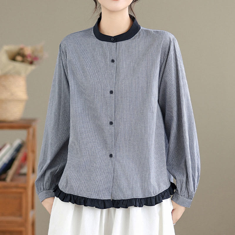 Tactile Cotton Striped Daily Grounding Long-Sleeve Shirt