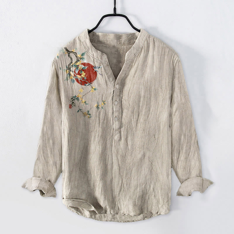 Tactile Cotton Linen Stand Collar Mindful Meditation Men's Shirt