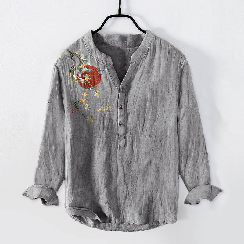 Tactile Cotton Linen Stand Collar Mindful Meditation Men's Shirt