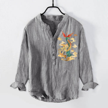 Cotton Linen Stand Collar Phoenix Cloud Print Mindful Men's Shirt