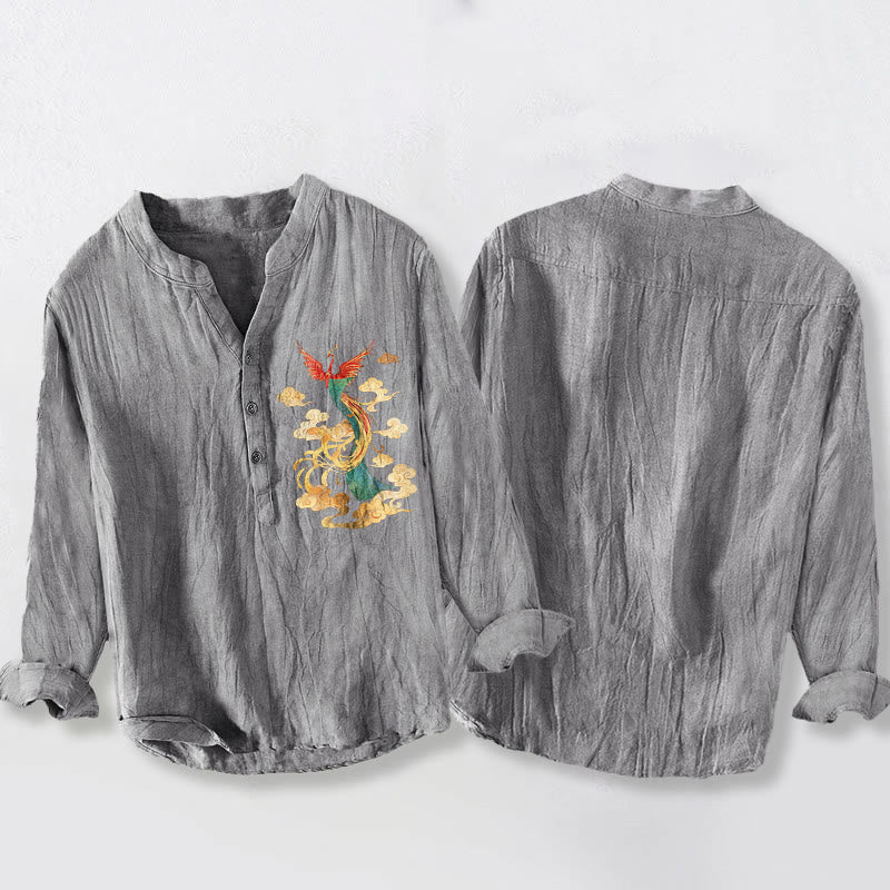 Cotton Linen Stand Collar Phoenix Cloud Print Mindful Men's Shirt