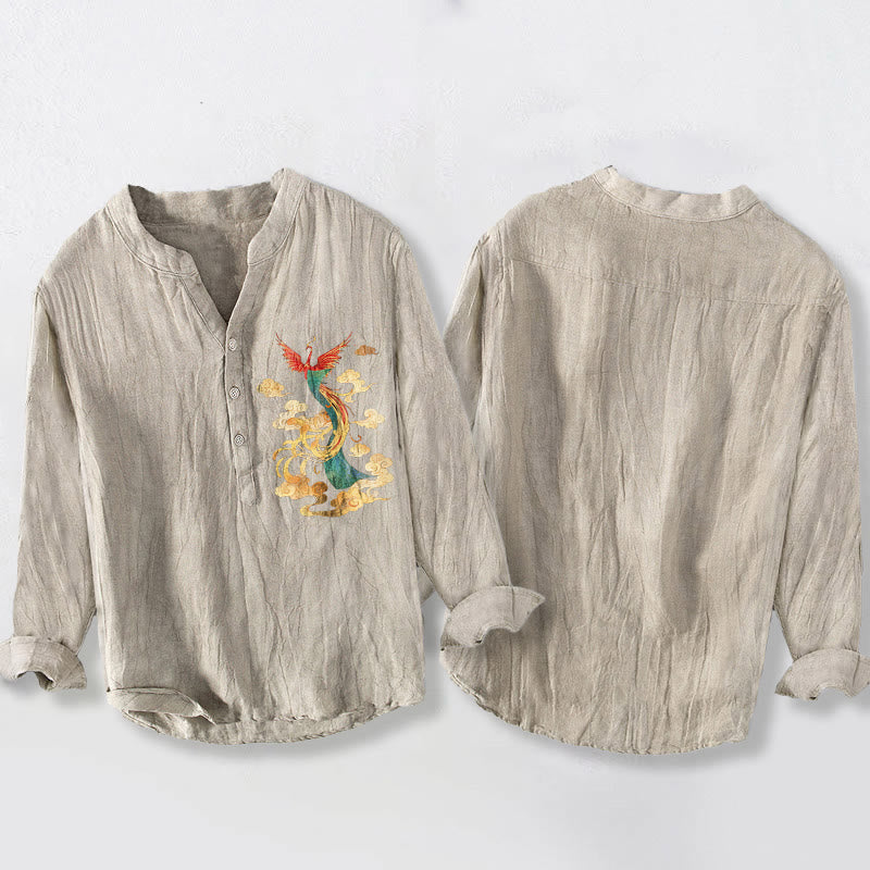 Cotton Linen Stand Collar Phoenix Cloud Print Mindful Men's Shirt