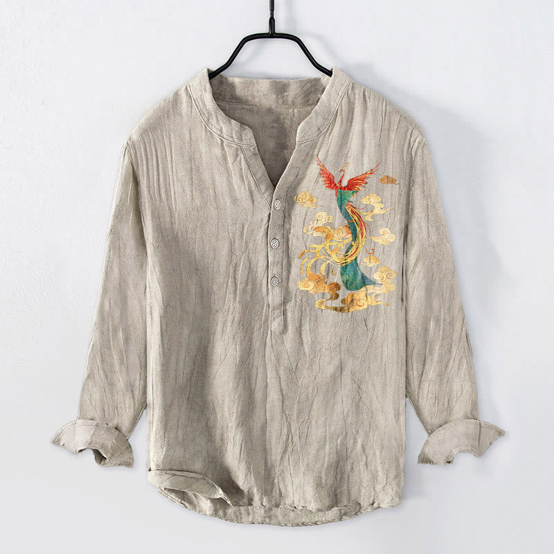 Cotton Linen Stand Collar Phoenix Cloud Print Mindful Men's Shirt