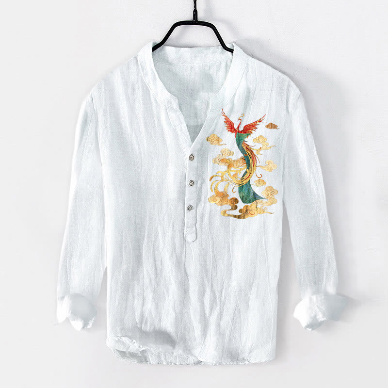 Cotton Linen Stand Collar Phoenix Cloud Print Mindful Men's Shirt