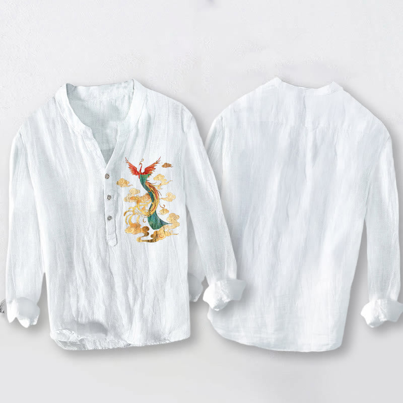 Cotton Linen Stand Collar Phoenix Cloud Print Mindful Men's Shirt